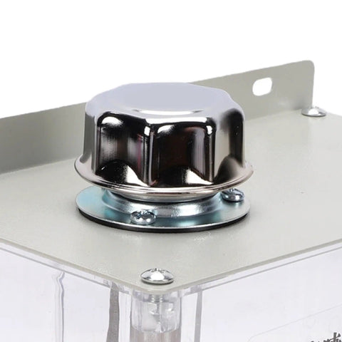 Close-up of the chrome cap on the Heavy Duty 3 Liter Coolant Spray Gun With Flexible Shaft And Automatic Solenoid Valve Lubrication System.