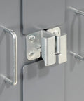 Close-up of metal latch on Industrial Grade Heavy Duty Storage Cabinet Featuring 96 Bright Red Plastic Sort Bins And Five Adjustable Shelves.