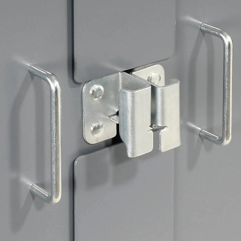Close-up of metal latch on Industrial Grade Heavy Duty Storage Cabinet Featuring 96 Bright Red Plastic Sort Bins And Five Adjustable Shelves.