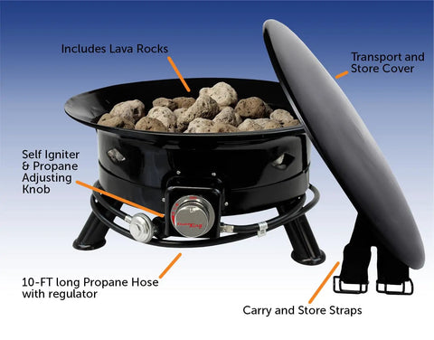 Smokeless 24 Inch Propane Fire Pit With Self Igniter 58K BTU Portable Outdoor Firebowl showing lava rocks and cover