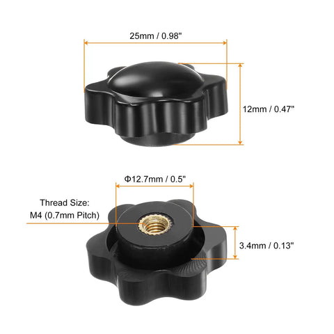 Star Knobs M4 Female Thread 25mm Head Plastic Non-Through Hole Brass Insert Screw-In Clamping Knobs with dimensions