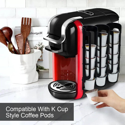 Side Mount K Cup Coffee Pod Holder For Keurig Two Pack Black Slim Organizer That Fits Ten Pods Easy Install With 3M Adhesive Pads Great Space Saver For Small Counters next to coffee machine on a kitchen counter