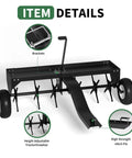 48-Inch Tow Behind Plug Aerator with 150 lb weight tray, 24 steel tines, inflatable wheels, universal hitch, close-up details