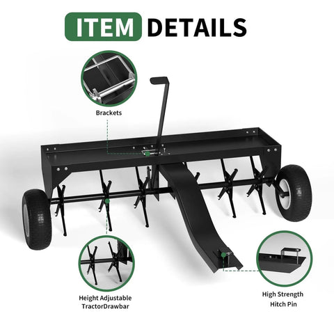 48-Inch Tow Behind Plug Aerator with 150 lb weight tray, 24 steel tines, inflatable wheels, universal hitch, close-up details