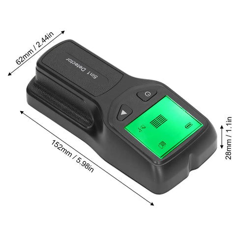 TOPINCN Stud Finder Wall Scanner 5 in 1 AC Wire Metal Detection (Black) showing dimensions on a green display.