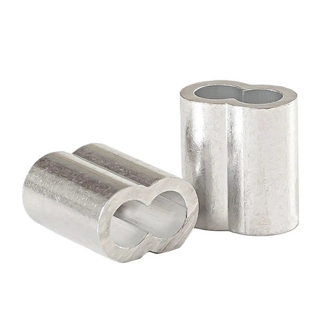 Heavy Duty Aluminum Wire Rope Ferrules With Double Hole Oval Shape For Bulletproof Cable Fastening And Slick Pipe Clamps shown from an angle.