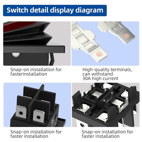 Detailed view of Two Pack 30A Waterproof Rocker Switch 125V/250V AC On Off DPST Toggle With Red LED 4 Pins Marine Grade components.