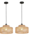 Totally Vibe Ready 2 Pack Rattan Pendant Lights, handwoven wicker lamps with black hardware, each shade 11x11x6.7 inches.