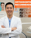 Orthodontist in white coat endorsing Braces Mouth Guard With Helmet Strap For Football, Upper And Lower Teeth Protection