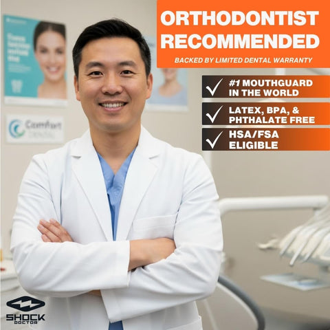 Orthodontist in white coat endorsing Braces Mouth Guard With Helmet Strap For Football, Upper And Lower Teeth Protection