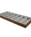 Rustic Walnut Wood Seven Grid Sunglasses Storage Tray With Cozy Gray Velvet Padding To Keep Your Specs Fresh And Bring Some Dope Vibes To Your Daily Counter Setup, angled view.