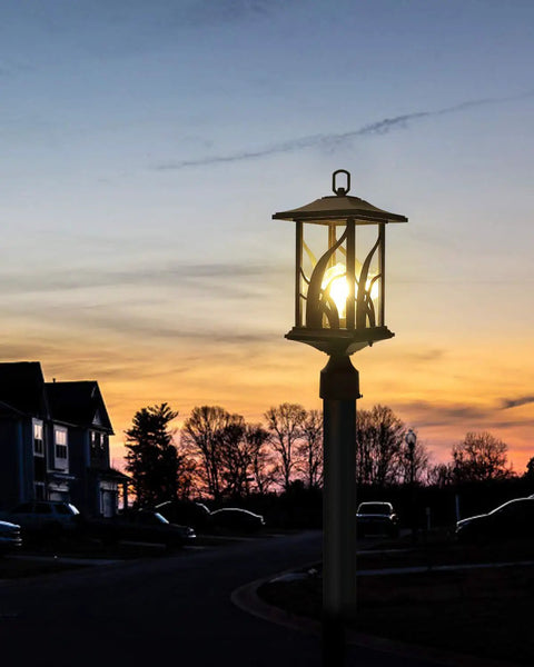 Outdoor Post Light Set 21 Inch Tall Cast Aluminum Pier Mount Lantern With Base Black Exterior Finish Clear Glass Panels at dusk