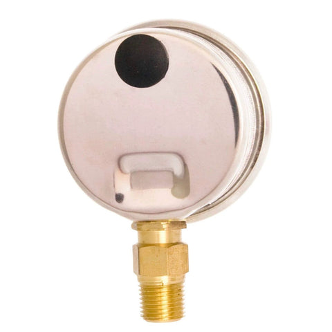 Oil filled pressure gauge 1-1/2 inch stainless steel case with brass construction, lower mount for hydraulic and pneumatic systems.