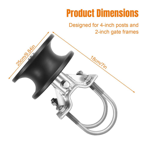 Pack Of Four Nylon Sliding Gate Rollers Engineered For Heavy Duty Track Systems, with dimensions showing 9.84" and 7" sizes.