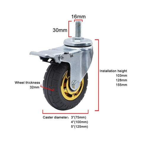 Heavy Duty Caster Wheels With M Threaded Stem Non Marking Rubber Swivel Plate Casters For Furniture Workbenches Carts And Garage Workshop Rolling Gear Dual Locking Brake System 360 Degree Swivel, M16 stem visible.