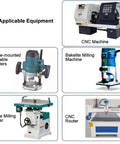Various equipment compatible with 1/4 Inch Shank Bowl And Tray Router Bit Set 3 Pieces Cove Juice Groove Router Bits, including CNC machines and routers.