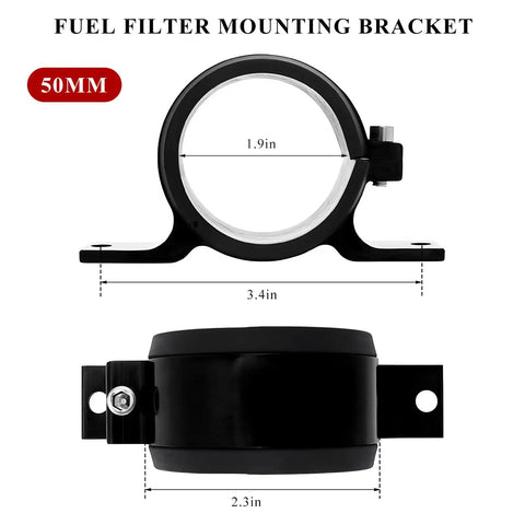 Badass 50mm Aluminum Fuel Filter Mounting Bracket And Lock Tight Fuel Pump Clamp Holder with dimensions visible.