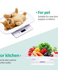 Newborn Pet Weight Scale With 12 By 8 Inch Tray And Tape Measure, kitten and vegetables on white electronic kitchen scale