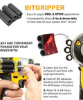 BitGripper V2 Side Mount Drill Bit Holder Pack Of Four with 3M adhesive attached to a yellow drill for storing driver bits