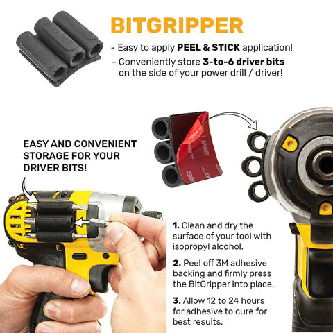 BitGripper V2 Side Mount Drill Bit Holder Pack Of Four with 3M adhesive attached to a yellow drill for storing driver bits
