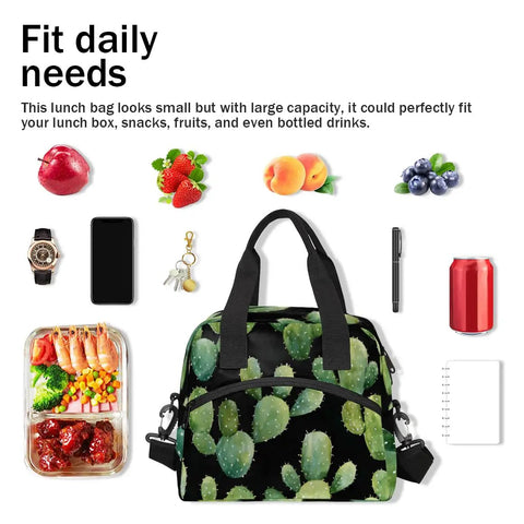 Green Desert Cacti Insulated Lunch Bag For Work And Travel with various items like snacks, drinks, and phone around the bag