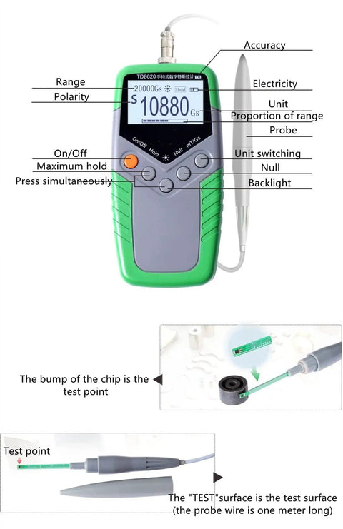 Handheld Gauss Tesla Meter Pro Grade 0 To 2400 Milli Tesla Range 24000 Gauss Magnetic Field Tester with Probe and LCD Display