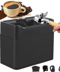No Sweat Electric Portafilter Cleaner With Quick Spin Motor And Dual Brush Heads For 58 Mm And 51 Mm Espresso Handles in black with coffee.