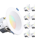 8-pack of All In One 8 Pack 5CCT 4 Inch LED Recessed Canless Ceiling Downlights with J Box showing anti-glare deep baffle design.
