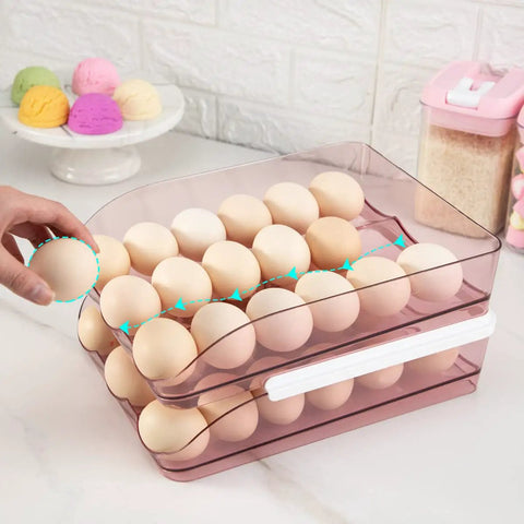 Clear Pink Egg Storage Bin For Fridge With Lid 2 Layer Stackable Egg Organizer 36 Count Dispenser Auto Rolling Egg Holder