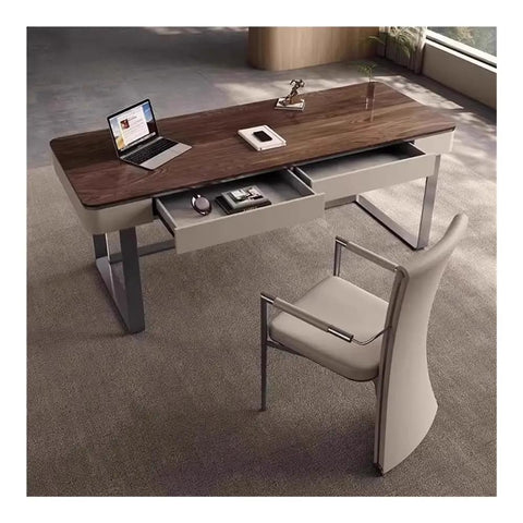 Next Level Standing Desk With Legit Storage Drawers And Rock Solid Steel Frame Perfect For Building A Badass Home Office Or Sick Gaming Station Featuring Smooth Height Adjustment And Monitor Riser Stand with walnut top and twin drawers.