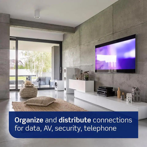 Modern living room showcasing media setup with a 28-Inch Wireless Structured Media Center With Vented Hinged Door White Finish.