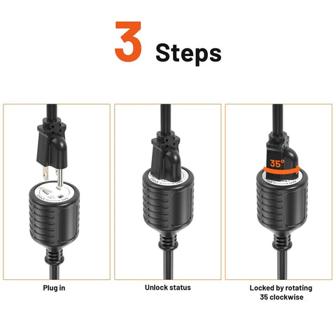 Three Foot Indoor Outdoor Extension Cord With Flat Plug And Locking 3 Prong Grounded Design usage steps illustration