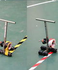 Two Line Floor Tape Applicator for Quick Masking Tape Dispensing, Painter Tape Pasting Machine for Walls, Floors, Warehouses, and Gyms, Lets You Stand Up While Laying Straight Lines, Smooth Roller Masking for Clean, Pro-Grade Marks. standing metal floor tape applicator with twin rollers on gym floor