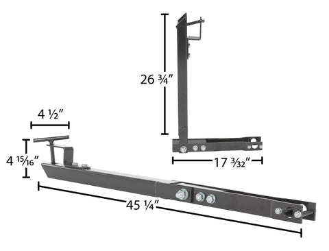 Heavy Duty Steel Tow Bar Kit For All Terrain Pallet Jack Foldable Pin Hitch dimensions showing lengths and widths for towing applications.