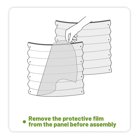 Illustration showing protective film being removed from panel of Two Pack Raised Garden Bed Kit Made From Galvanized Steel For Outdoors