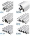 Various T Slot Aluminum Extrusion Profiles including 3030, 3030R, 3060, 3090, 30120, 30150 for CNC and 3D printer frame construction.