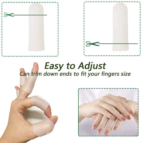Gel Finger Protectors Silicone Fingertip Covers for all-day finger pain relief shown in trimming illustration and usage on hands