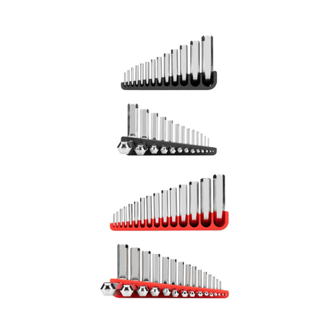 Ball End Hex Key Set With Holders, 28 Piece Inch And Metric Allen Wrenches In Chrome Finish, no-slip grip shown from side angle