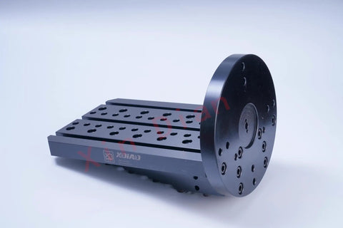 Four Axis CNC Bridge Slab L Block Single Sided For Milling Machines With T Slot Compatibility Self Centering Vise Or Quick Change Board Ready Pro Grade Precision Positioning Axis Included For Accurate Machining, black steel with round face plate