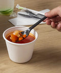 Six Point Five Inch Wrapped Compostable Spoons For Hot And Cold Food 250 Individually Wrapped Plant Based Black CPLA Disposable Utensils BPI Certified Eco Friendly Cutlery For Restaurants And Events black spoon in soup cup