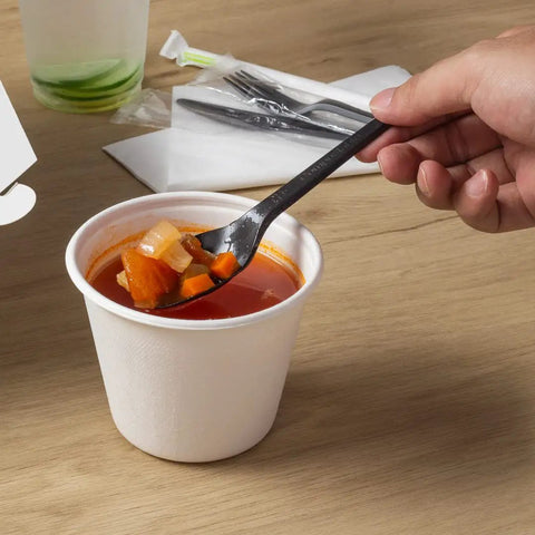 Six Point Five Inch Wrapped Compostable Spoons For Hot And Cold Food 250 Individually Wrapped Plant Based Black CPLA Disposable Utensils BPI Certified Eco Friendly Cutlery For Restaurants And Events black spoon in soup cup