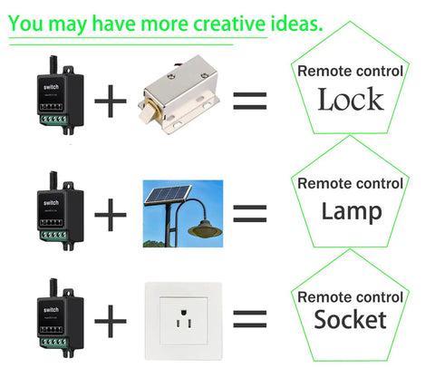 12V Wireless Remote Control Relay Switch With 10A Output, Long Range 328ft for lock, lamp, and socket control applications.