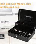 Locking Cash Box With Money Tray And Security Cable, Heavy Duty Metal Safe for Tips And Cash, Key Lock, Opened showing trays