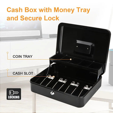 Locking Cash Box With Money Tray And Security Cable, Heavy Duty Metal Safe for Tips And Cash, Key Lock, Opened showing trays