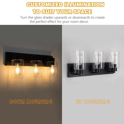 Three Light Matte Black Bathroom Vanity Light Fixture For Farmhouse Style Over Mirror With Clear Glass Shade E26 Base showing up and down mounting