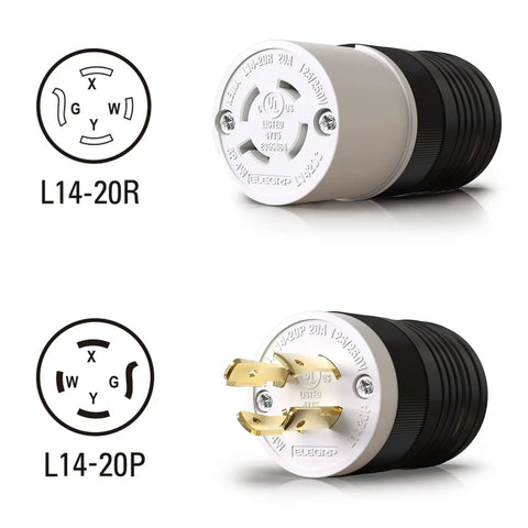 NEMA L14-20P locking generator plug 20 amp 125 and 250 volt 3 pole 4 wire twist lock adapter with brass blades and nylon housing