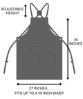 Diagram of Deluxe Waxed Canvas Tool Apron For Men And Women With Removable Padded Straps And Dual Hammer Loops, adjustable height, 27x34 inches