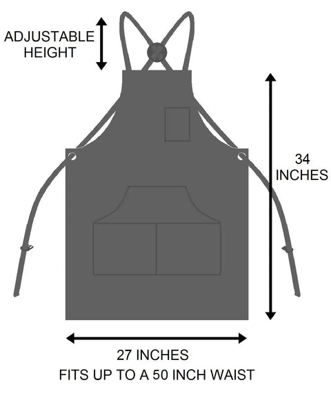 Diagram of Deluxe Waxed Canvas Tool Apron For Men And Women With Removable Padded Straps And Dual Hammer Loops, adjustable height, 27x34 inches