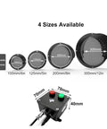 Top Tier Heavy Duty Led Loading Dock Traffic Light With Rugged Waterproof Housing And Extended Cord Remote Switch For Hella Secure Yard Work And Smooth Traffic Control display showing 4 sizes of LED lights and remote switch dimensions.