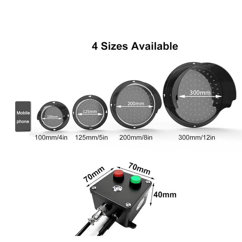 Top Tier Heavy Duty Led Loading Dock Traffic Light With Rugged Waterproof Housing And Extended Cord Remote Switch For Hella Secure Yard Work And Smooth Traffic Control display showing 4 sizes of LED lights and remote switch dimensions.